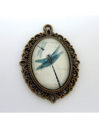 Support cabochon pendentif ovale en métal filigrane de couleur bronze + cabochon ovale en verre 25 X 18mm motif libellule