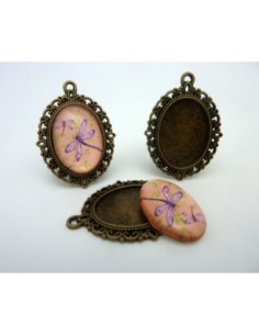 Support cabochon pendentif ovale en métal filigrane de couleur bronze + cabochon ovale en verre 25 X 18mm motif libellule