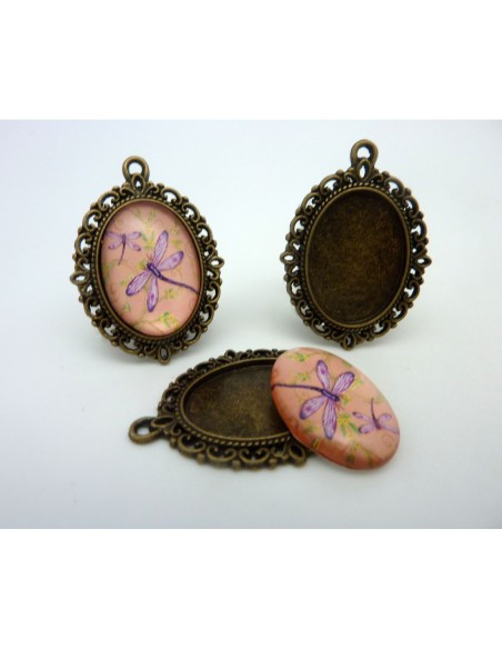Support cabochon pendentif ovale en métal filigrane de couleur bronze + cabochon ovale en verre 25 X 18mm motif libellule