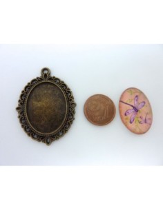 Support cabochon pendentif ovale en métal filigrane de couleur bronze + cabochon ovale en verre 25 X 18mm motif libellule 2