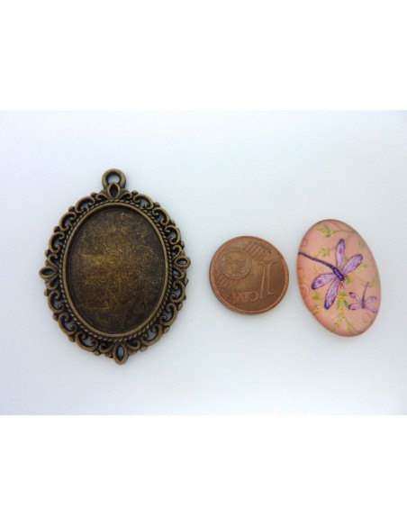 Support cabochon pendentif ovale en métal filigrane de couleur bronze + cabochon ovale en verre 25 X 18mm motif libellule