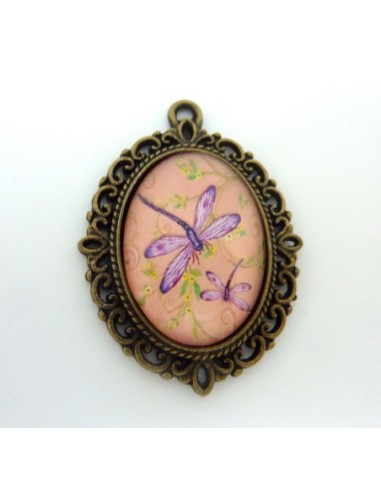 Support cabochon pendentif ovale en métal filigrane de couleur bronze + cabochon ovale en verre 25 X 18mm motif libellule