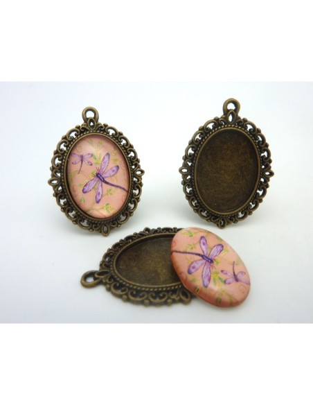 Support cabochon pendentif ovale en métal filigrane de couleur bronze + cabochon ovale en verre 25 X 18mm motif libellule