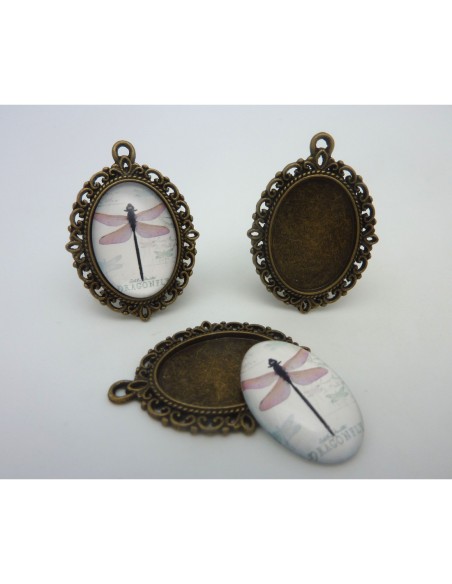 Support cabochon pendentif ovale en métal filigrane de couleur bronze + cabochon ovale en verre 25 X 18mm motif libellule