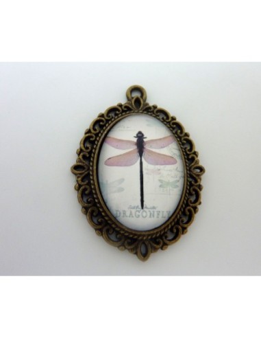 Support cabochon pendentif ovale en métal filigrane de couleur bronze + cabochon ovale en verre 25 X 18mm motif libellule