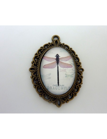 Support cabochon pendentif ovale en métal filigrane de couleur bronze + cabochon ovale en verre 25 X 18mm motif libellule