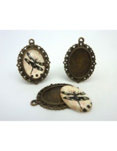 Support cabochon pendentif ovale en métal filigrane de couleur bronze + cabochon ovale en verre 25 X 18mm motif libellule