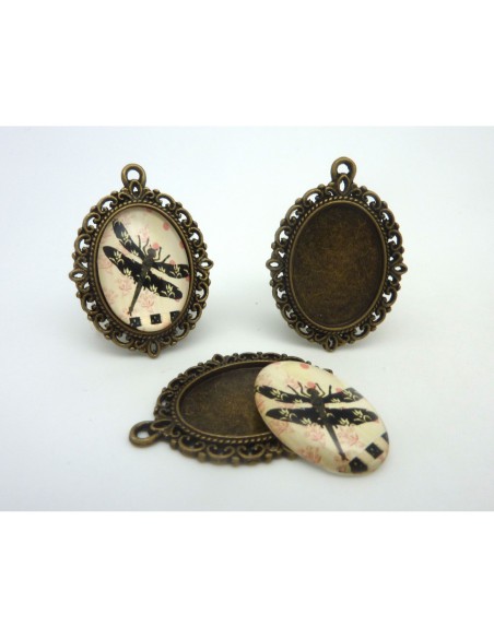 Support cabochon pendentif ovale en métal filigrane de couleur bronze + cabochon ovale en verre 25 X 18mm motif libellule