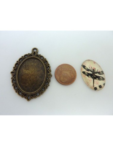 Support cabochon pendentif ovale en métal filigrane de couleur bronze + cabochon ovale en verre 25 X 18mm motif libellule