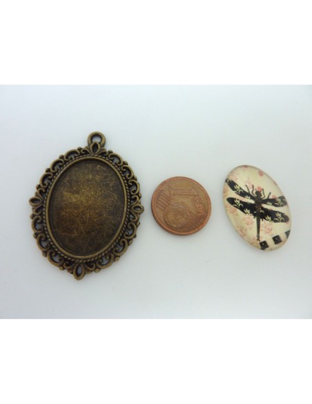 Support cabochon pendentif ovale en métal filigrane de couleur bronze + cabochon ovale en verre 25 X 18mm motif libellule