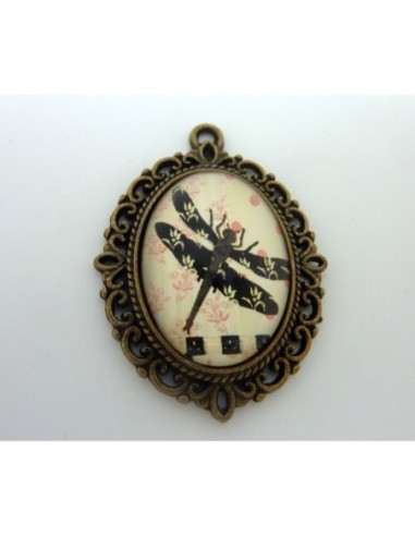 Support cabochon pendentif ovale en métal filigrane de couleur bronze + cabochon ovale en verre 25 X 18mm motif libellule