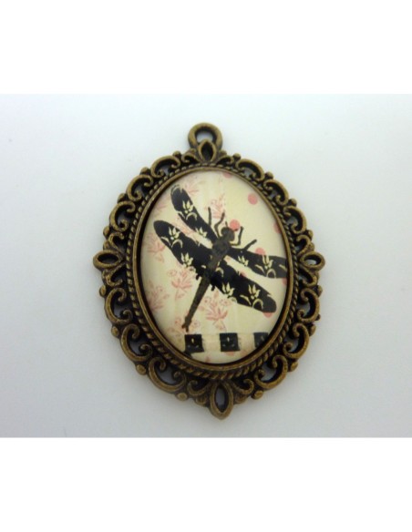 Support cabochon pendentif ovale en métal filigrane de couleur bronze + cabochon ovale en verre 25 X 18mm motif libellule