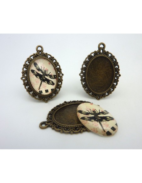 Support cabochon pendentif ovale en métal filigrane de couleur bronze + cabochon ovale en verre 25 X 18mm motif libellule