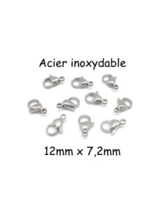 10 Fermoirs mousqueton en acier inoxydable 12mm x 7,2mm