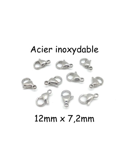10 Fermoirs mousqueton en acier inoxydable 12mm x 7,2mm