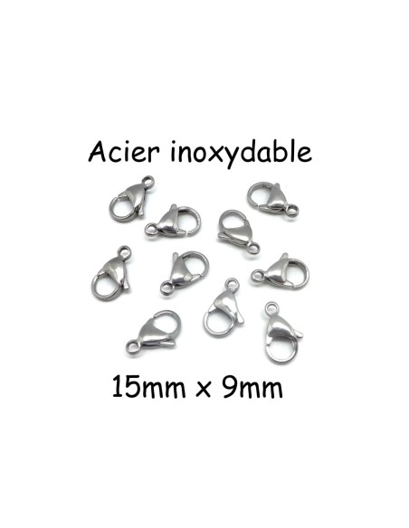 Fermoir mousqueton argenté en acier inoxydable 15mm x 9mm
