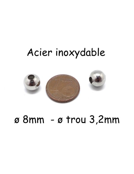 Perles ronde 8mm en acier inoxydable argenté à gros trou