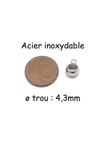 Support breloque argenté en acier inox pour cuir de 4mm