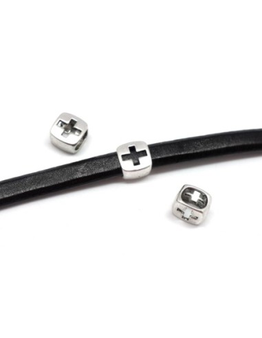 perles passant en métal argenté motif croix adapté au cuir regaliz