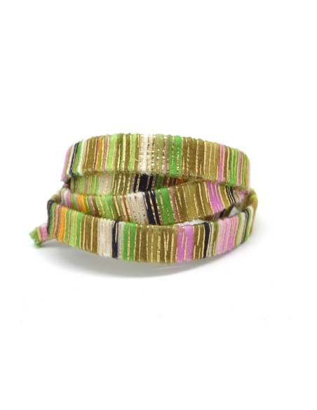 Lanière velours 10mm rayé vert anis, rose, blanc et doré style bollywood