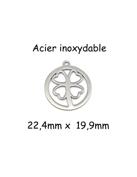 breloque trèfle à 4 feuilles coeur argenté en acier inoxydable
