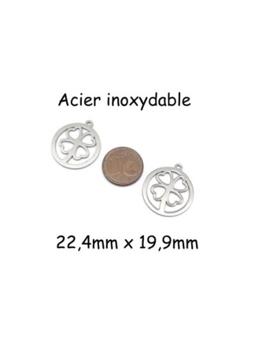 breloque trèfle à 4 feuilles coeur argenté en acier inoxydable