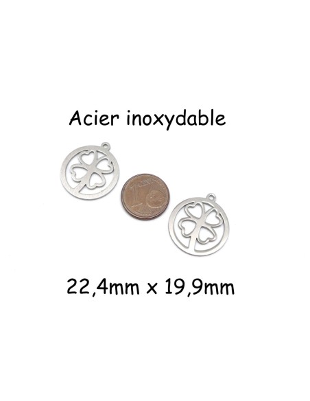 breloque trèfle à 4 feuilles coeur argenté en acier inoxydable
