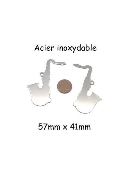grand pendentif saxophone argenté en acier inoxydable