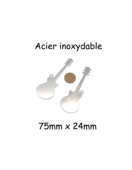 pendentif guitare electro acoustique argenté en acier inoxydable