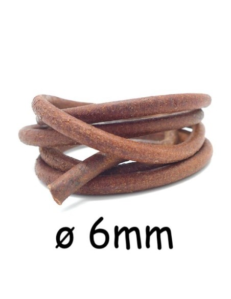 Cordon cuir 6mm rond marron noisette rustique brut