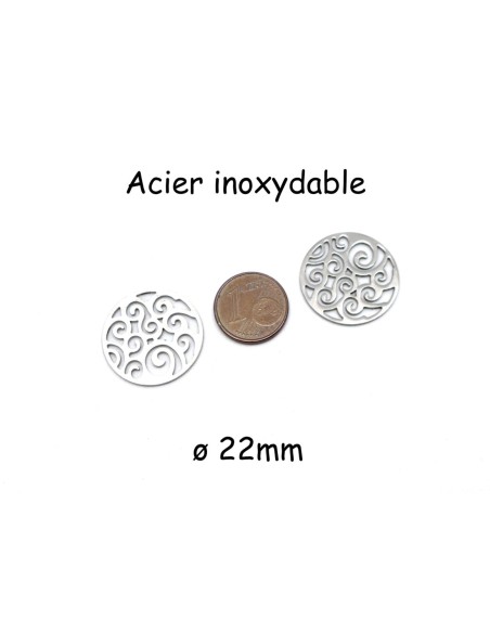 2 Perles connecteur rond arabesque en acier inoxydable