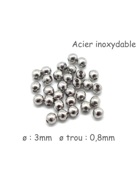 Perle ronde 3mm en acier inoxydable argenté
