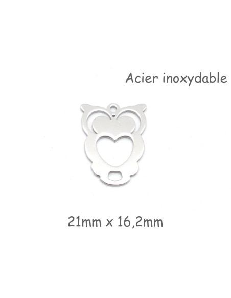 breloque hibou avec coeur argenté en acier inoxydable