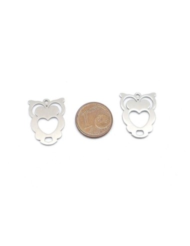 breloque hibou avec coeur argenté en acier inoxydable