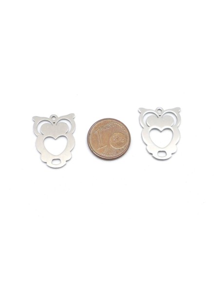 breloque hibou avec coeur argenté en acier inoxydable