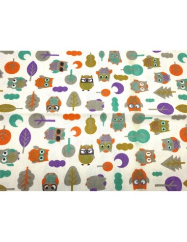 Coupon tissus motif hibou sur fond beige écru 70cm X 90cm tissus épais en coton