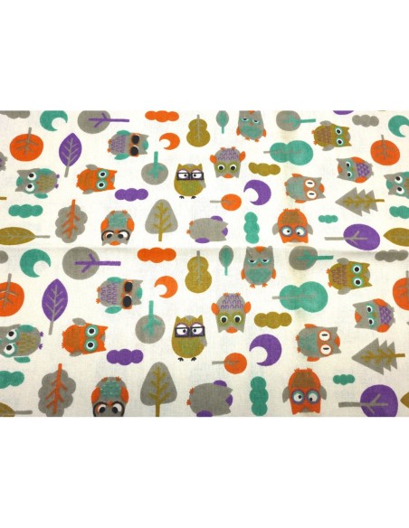 Coupon tissus motif hibou sur fond beige écru 70cm X 90cm tissus épais en coton
