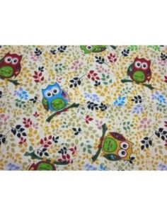 Coupon tissus motif hibou et feuillage sur fond beige tissus épais en coton