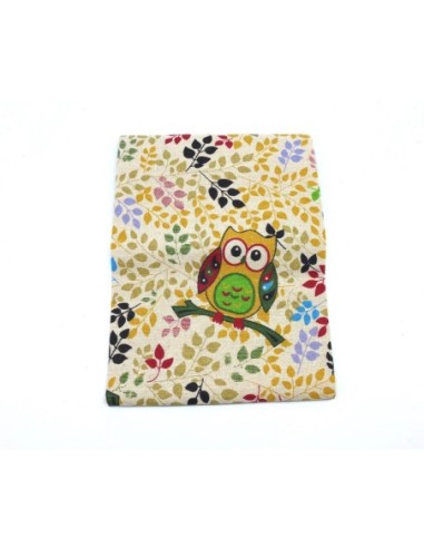 Coupon tissus motif hibou et feuillage sur fond beige tissus épais en coton