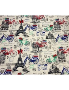 Coupon tissus motif vélo, monument style vintage sur fond beige écru 70cm X 90cm