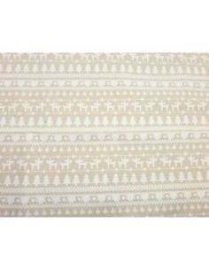 Coupon tissus motif neige, sapin, cerf blanc sur fond beige écru 70cm X 90cm