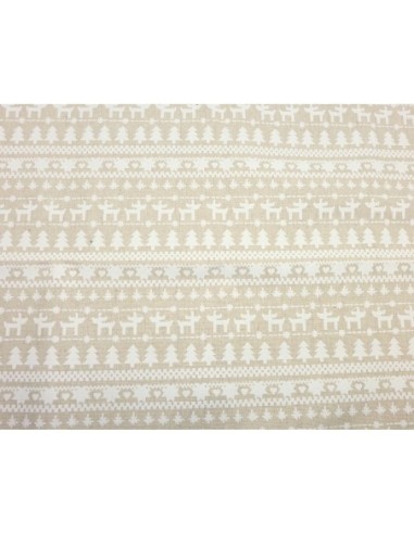 Coupon tissus motif neige, sapin, cerf blanc sur fond beige écru 70cm X 90cm