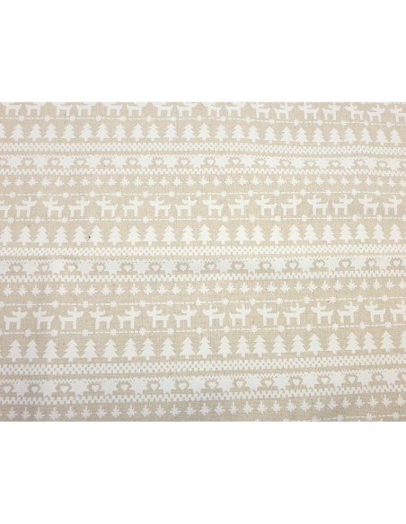 Coupon tissus motif neige, sapin, cerf blanc sur fond beige écru 70cm X 90cm