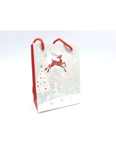 Pochette cadeaux papier cartonné glacé thème Nöel motif renne, sapin gris argenté, rouge et blanc