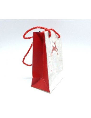Pochette cadeaux papier cartonné glacé thème Nöel motif renne, sapin gris argenté, rouge et blanc