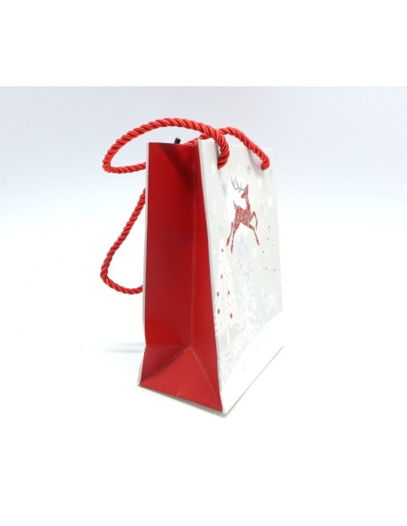 Pochette cadeaux papier cartonné glacé thème Nöel motif renne, sapin gris argenté, rouge et blanc