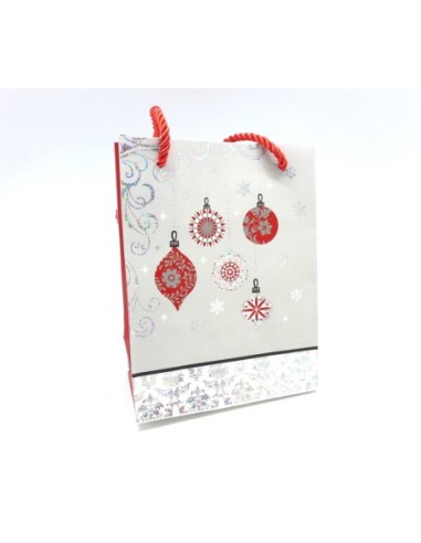 Pochette cadeaux papier cartonné glacé motif boule de Nöel gris argenté, rouge et blanc