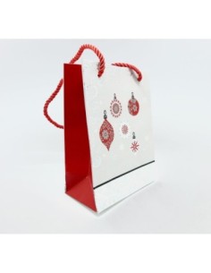 Pochette cadeaux papier cartonné glacé motif boule de Nöel gris argenté, rouge et blanc 2