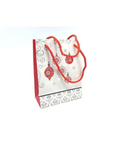 Pochette cadeaux papier cartonné glacé motif boule de Nöel gris argenté, rouge et blanc