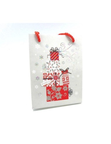 Pochette cadeaux papier cartonné glacé motif paquet cadeau Nöel gris argenté, rouge et blanc